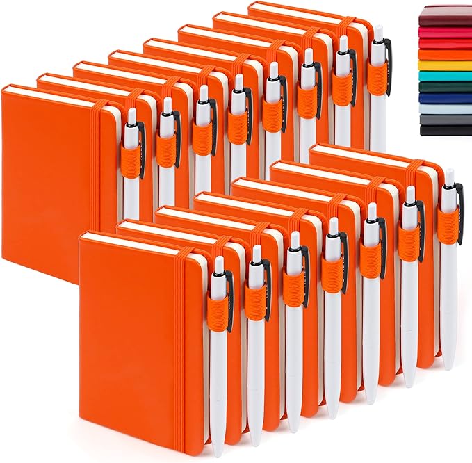 feela 15 Pack Pocket Small Notebooks Bulk, Mini Cute Notepads Hardcover College Ruled Lined Journals with Pen Holder for School Business Memos, with 15 Black Pens, 3.5”x 5.5”, A6, Orange