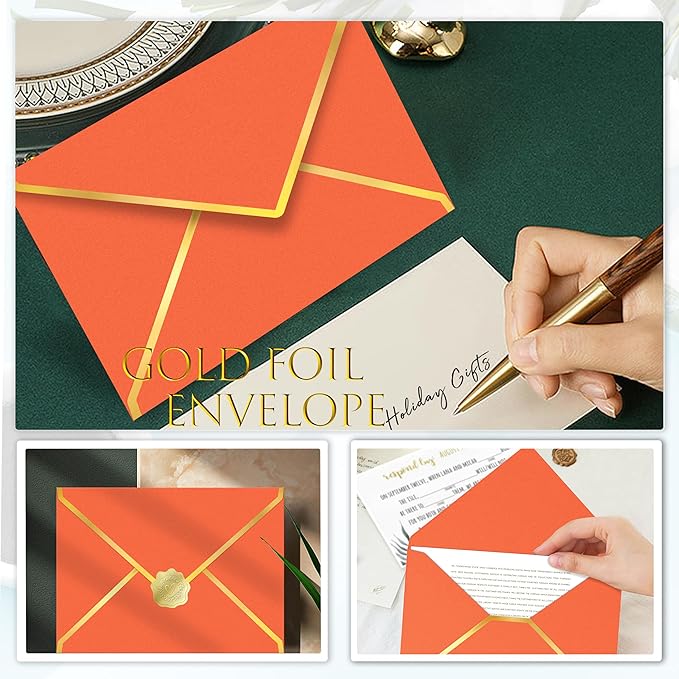 60 Pack 5x7 Envelopes for Invitations,A7 Business Envelopes Letter Size 250g Shimmer Cardstock with Gold Foil V Flap & Sealer,Security Envelopes for Gift Card,Wedding,Baby Shower(Orange)