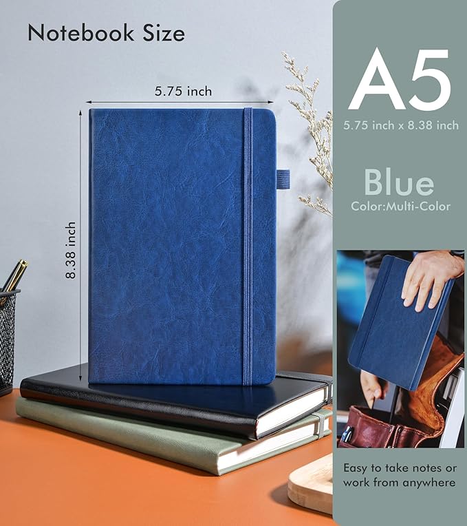 Lined Journal Notebook for Men Women, 200 Numbered Pages Leather Hardcover Journal with Pen, A5 Journaling Notebooks, Thick Paper College Ruled Journals for Writing Work 5.75'' X 8.38'' Navy Blue