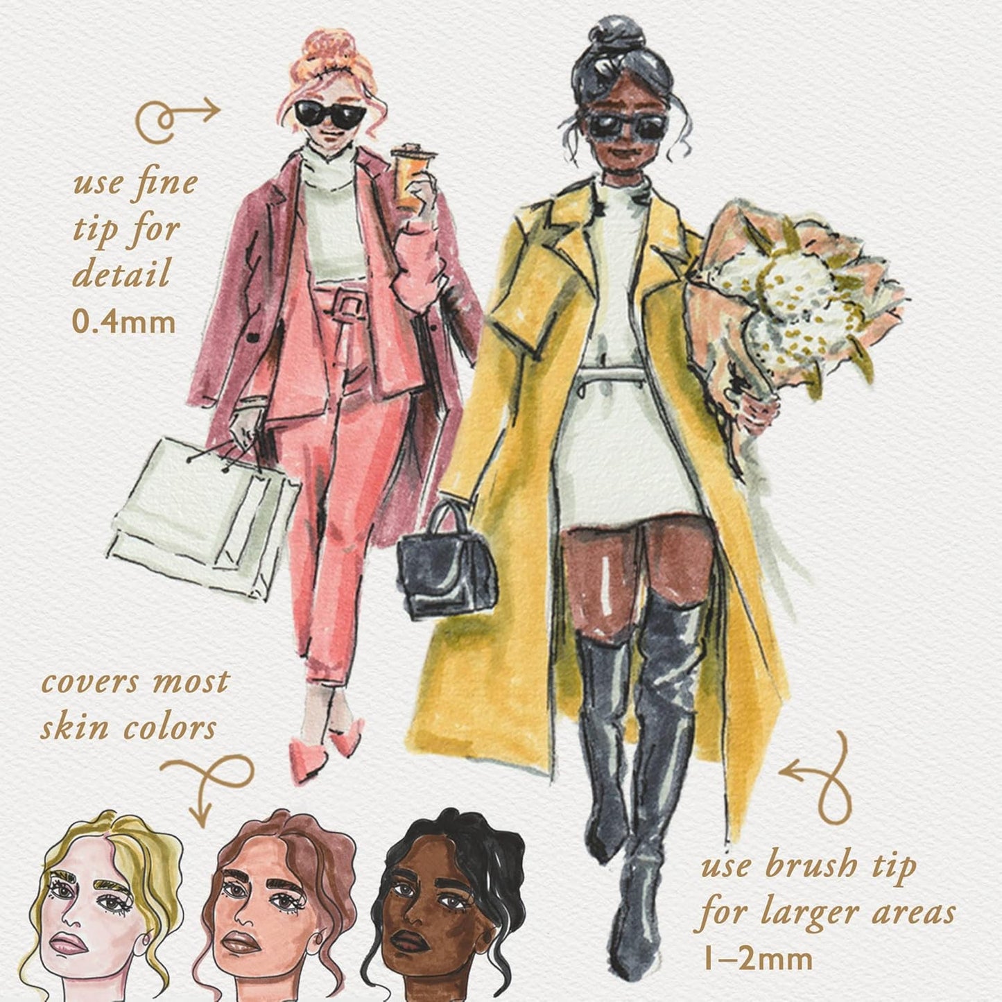 Primrosia Dual Tip Marker Pens and Skin Tones sets, Fineliner and Watercolor Brush Pens for Art Sketching Illustration Calligraphy Permanent Highlighter Bullet Journal Drawing Coloring