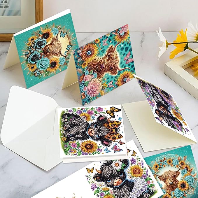 Tontut 6pcs Diamond Art Painting Kit Greeting Card, Sunflower Yellow Cow 5D DIY Diamond Handmade Holiday Greeting Card with Envelope, Holiday Gift Congratulation