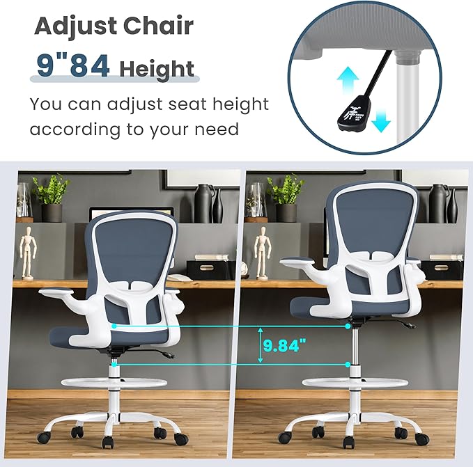 Drafting Chair, Tall Office Chair with Flip-up Armrests Executive Ergonomic Computer Standing Desk Chair, Office Drafting Chair with Lumbar Support and Adjustable Footrest Ring