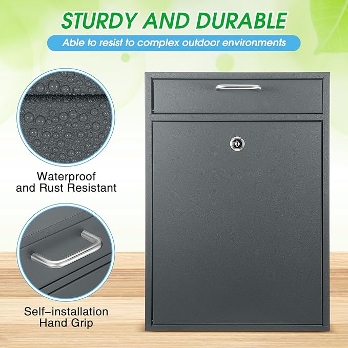 Locking Mailbox with Key for Outdoor 16.2 x 11.2 x 4.7 Inches Large Wall Mount Mail Box with Lock Security Mail Drop Metal Collection Boxes Hanging Secure Postbox(Dark Gray)