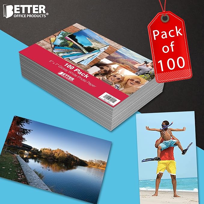 Better Office Products Premium Glossy Photo Paper, 5 x 7 inch, 100 Sheets, 200gsm, 5 x 7, 100-Count Pack