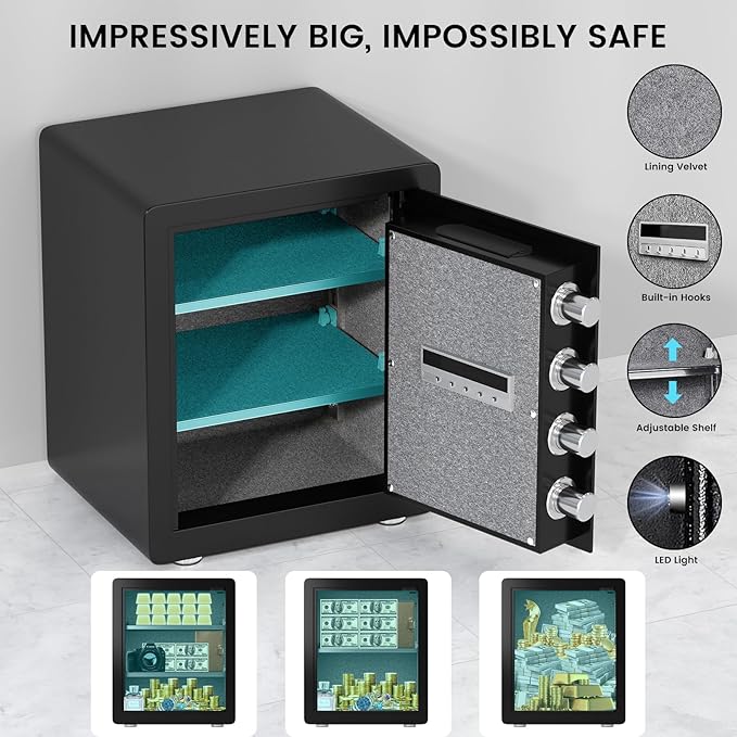 Kavey 2.0 Cub Biometric Safe Box, Fingerprint Safe with Backlit Touch Screen Keypad and Dual Alarm System, Money Safe With Mute Function and LED Light