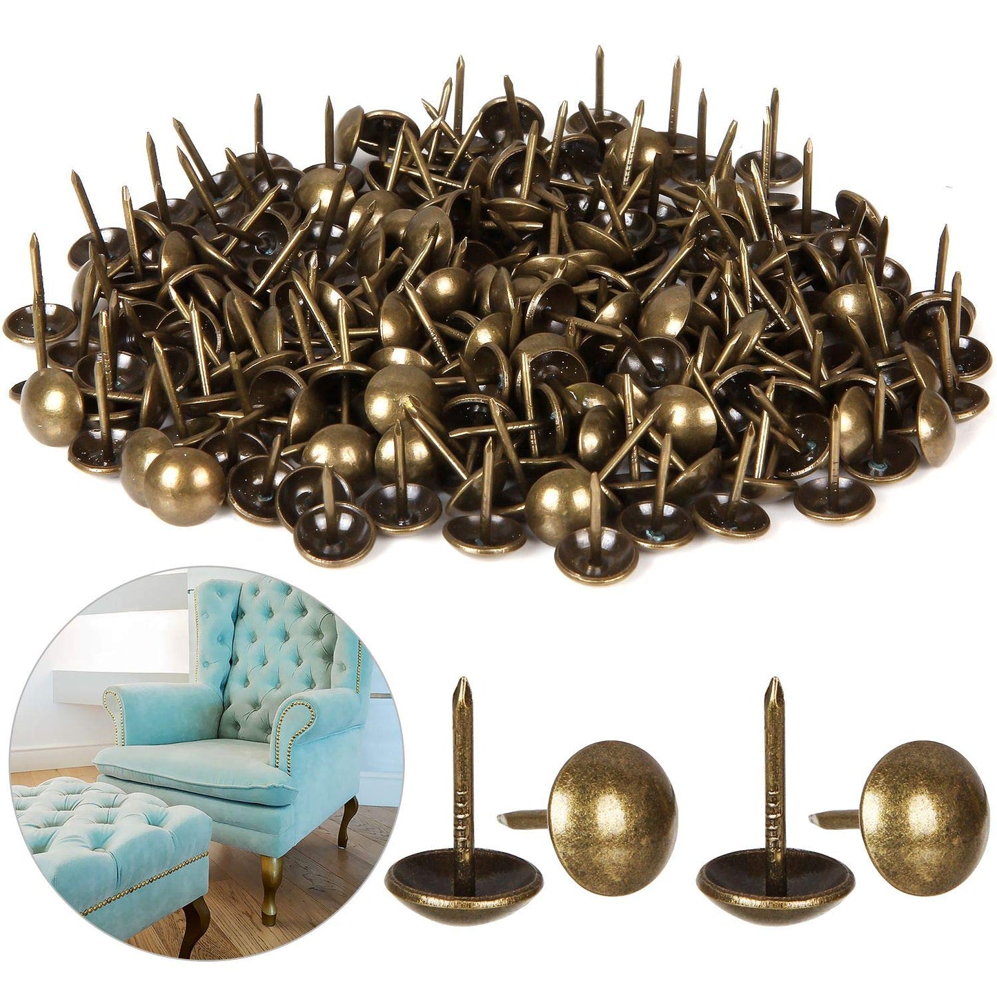 500Pcs Decorative Upholstery Tacks, 7/16” Antique Furniture Nails Pins, Brass Finish Metal Thumb Tack Stud Push Pins for Sofa Chair Bed Headboard, Upholstery Pin Assortment Kit for Furniture Décor