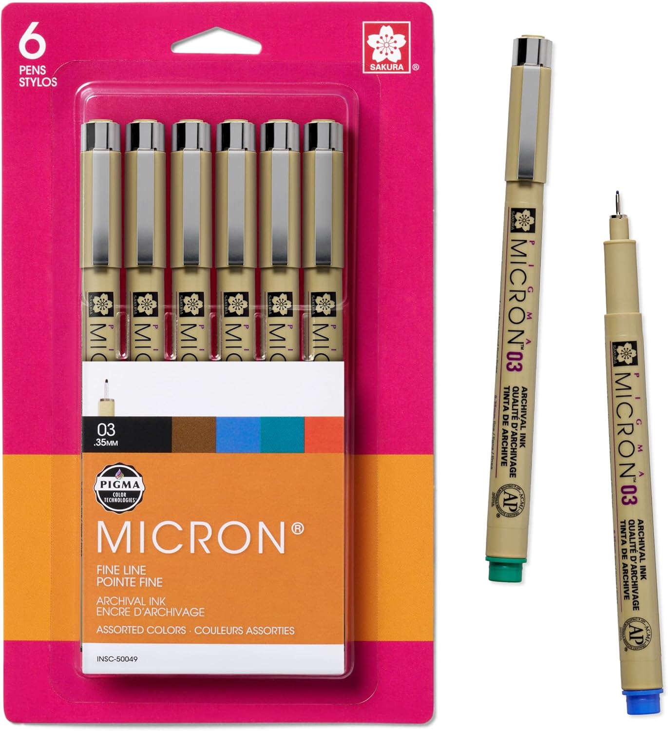 SAKURA Pigma Micron Fineliner Pens - Archival Black and Colored Ink Pens - Pens for Writing, Drawing, or Journaling - Black and Colored Ink - 03 Point Size - 6 Pack