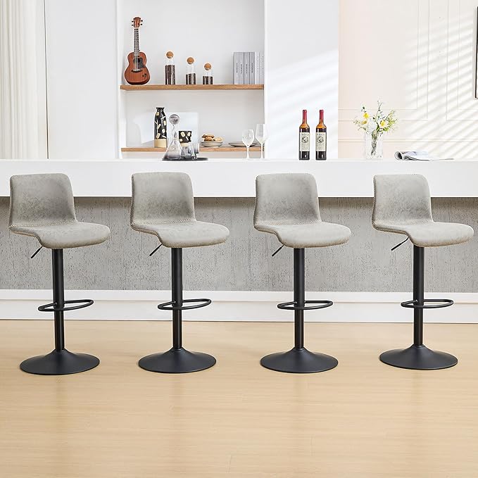 HeuGah Swivel Bar Stools Set of 4, Counter Height Bar Stools with Back, Adjustable Bar Stools 24" to 32", Gray Faux Leather Bar Chairs for Kitchen Island (Gray, Set of 4 (24'' to 32''))