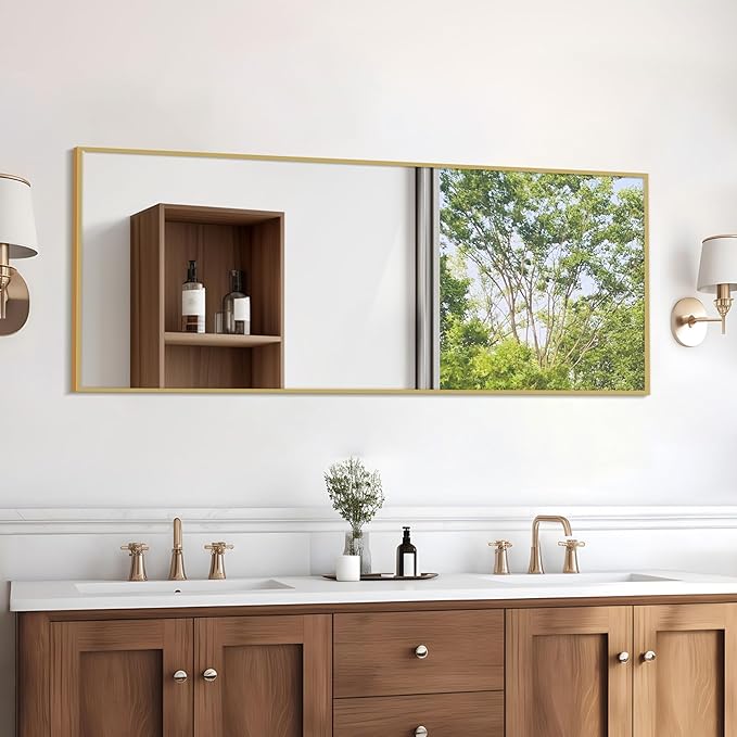 Simple Deluxe Aluminum Frame Mirror, 59"x16" Full Length Mirror with Stand, Free Standing Leaning Mirror Hanging Mounted Mirror for Bathroom Living Room, Gold