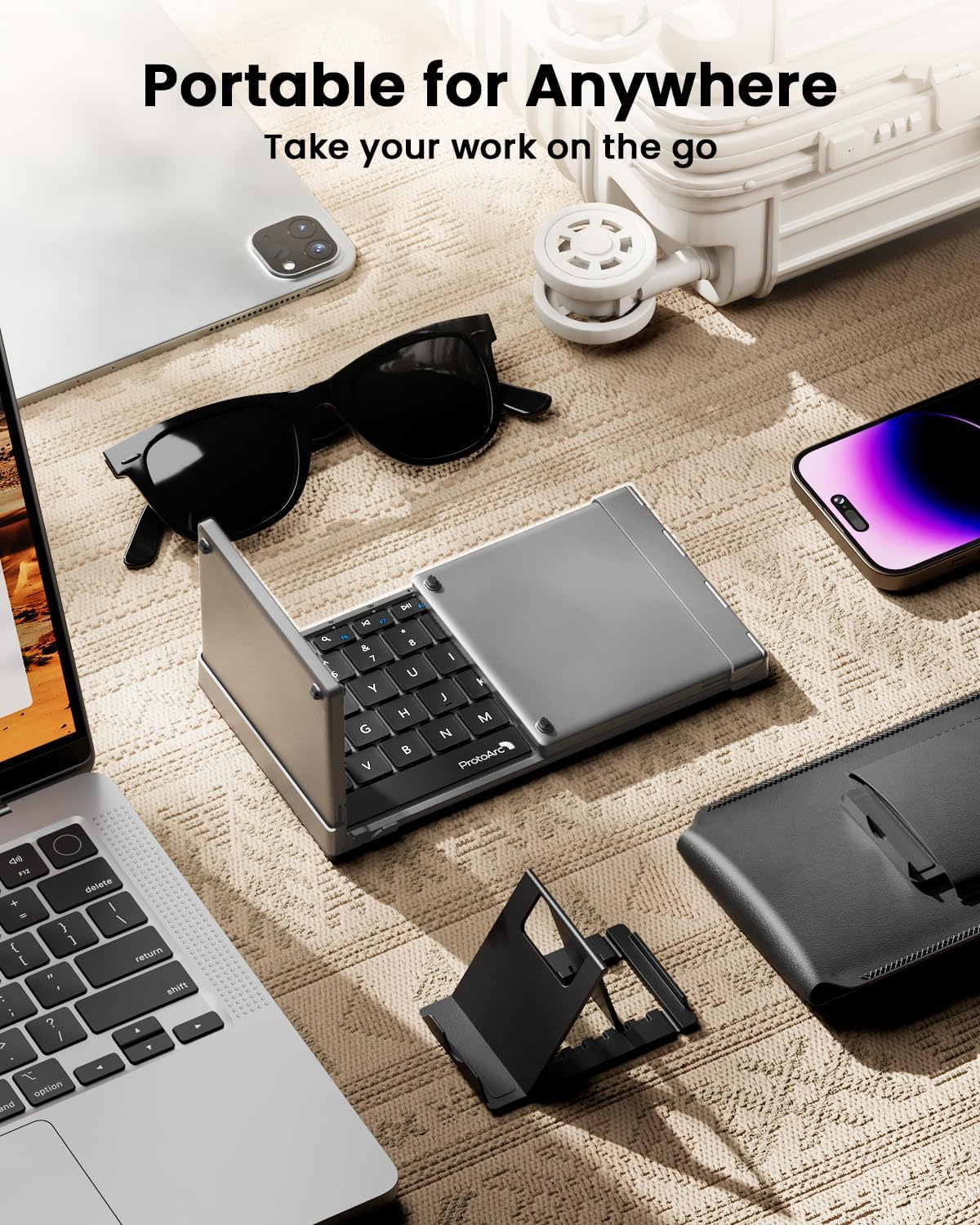 ProtoArc Foldable Keyboard with Touchpad, XK01 TP Folding Portable Keyboard, Full Size Keys, Large Trackpad Bluetooth Travel Keyboards for iPad Laptop PC Tablets - Black Gray