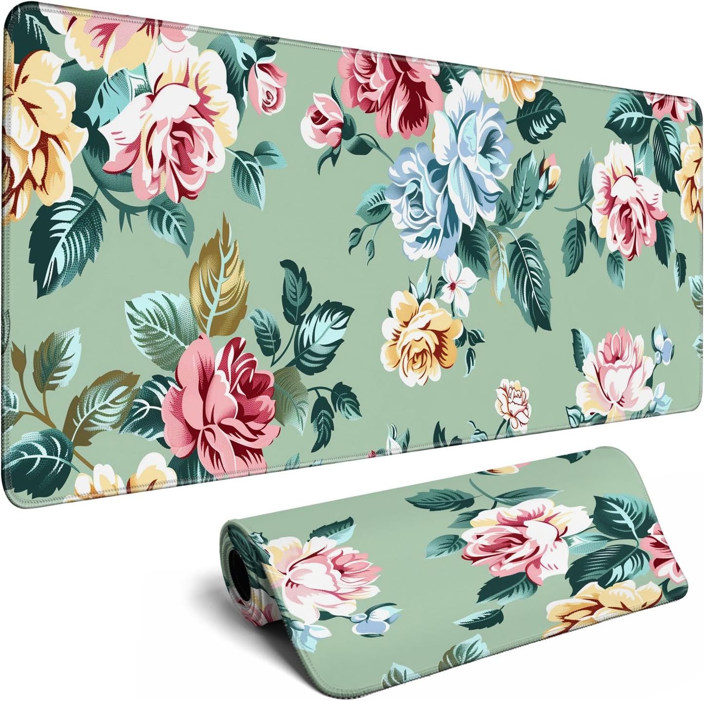 XL Mouse Pad Gaming Kawaii Cute Retro Rose Floral Extra Large Mousepad (31.5x11.8 in), Desk Mat Pad Home Office Decor Mouse Pad Stitched Edges Smooth Surface Non-Slip Bottom Mat