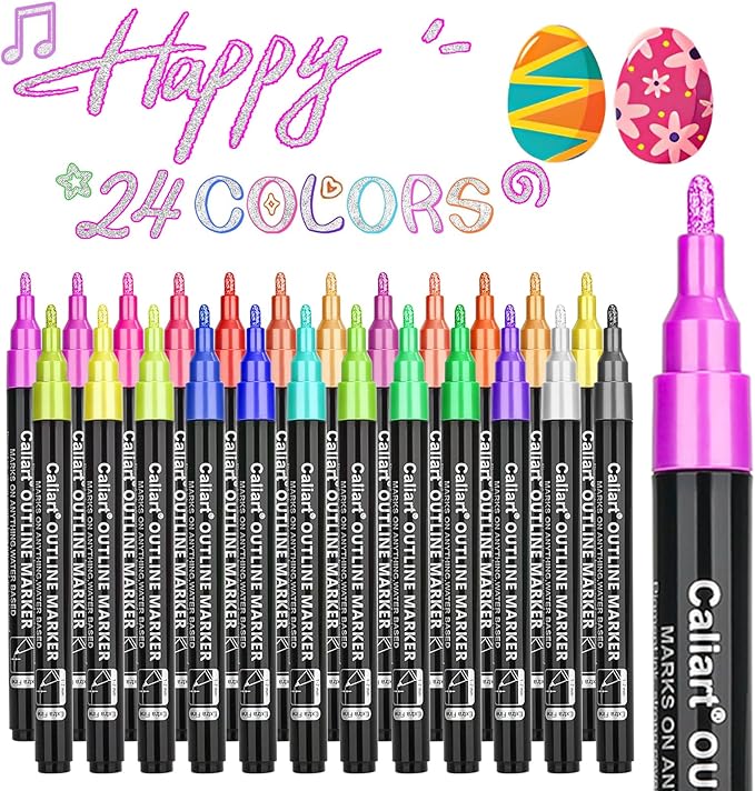 Caliart Outline Glitter Markers, 24 Colors Shimmer Metallic Glitter Pens Tween Teen Girl Gifts Trendy Stuff, Cool Fun Craft Arts Supplies Set for Kids 4-6-8-10-12