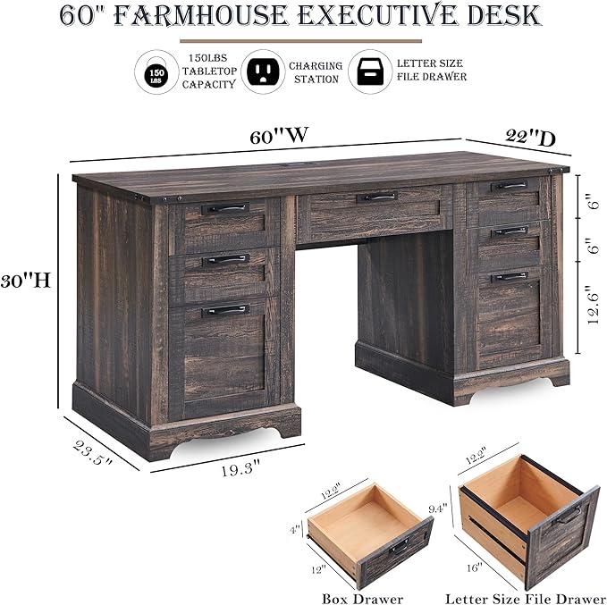 RedLemon 60" Executive Desk, Farmhouse Home Office Desk with Drawers, Charging Station, Keyboard Tray, File Drawer, Storage Cabinet, Wood Rustic Computer Writing Desk (Dark Rustic Oak)