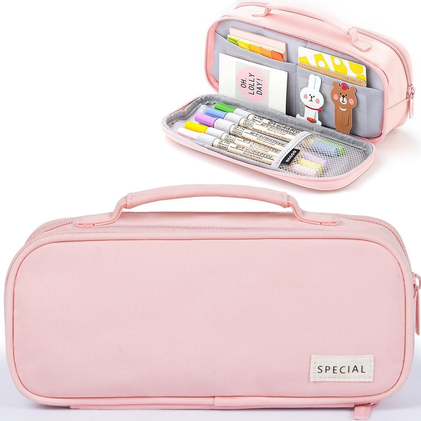 MAMUNU Pencil Case Large Capacity with 3 Compartments, Pencil Case Pouch Bag with Zipper Handle Portable Pen Stationery Organizer for Teen Girls Adults College School Office Travel, Pink