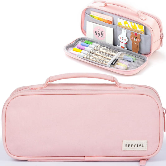 MAMUNU Pencil Case Large Capacity with 3 Compartments, Pencil Case Pouch Bag with Zipper Handle Portable Pen Stationery Organizer for Teen Girls Adults College School Office Travel, Pink