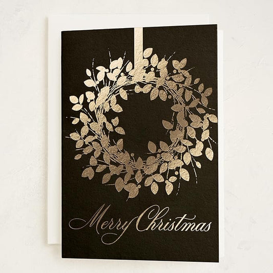 Minted Classic Wreath Christmas Cards, 8 Cards with Envelopes, Folded 5x7 Holiday Greeting Card with Gold Foil Wreath Design, Luxurious Paper, Interior Message Included, Christmas Stationery
