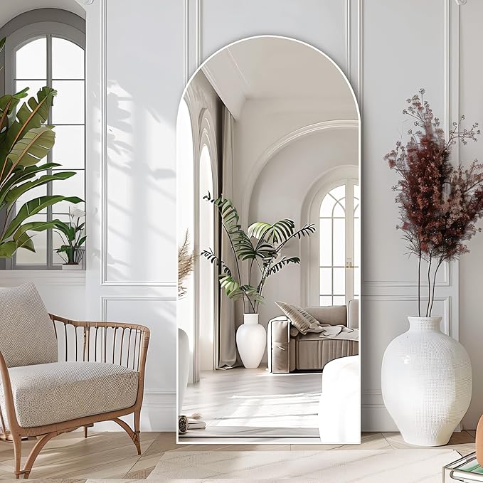 MELOMOIR 71"x32" Arched Large Mirror Full Length, Free Standing Leaning or Hanging, Thin Aluminum Frame, Tempered Glass, Suitable for Living Room Bedroom Cloakroom Hallway Home Gym, White