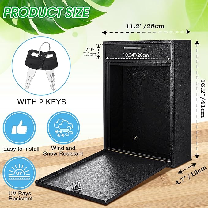 Locking Mailbox with Key for Outdoor 16.2 x 11.2 x 4.7 Inches Large Wall Mount Mail Box with Lock Security Mail Drop Metal Collection Boxes Hanging Secure Postbox(Black)