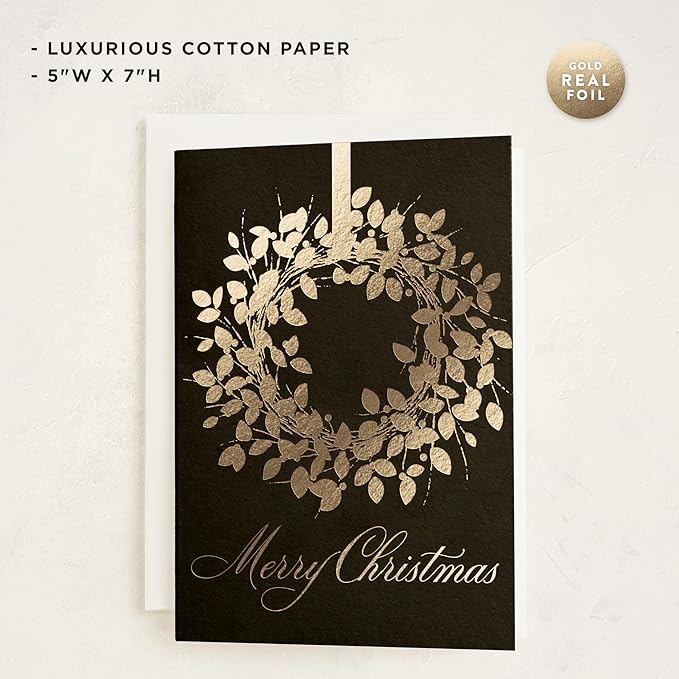Minted Classic Wreath Christmas Cards, 8 Cards with Envelopes, Folded 5x7 Holiday Greeting Card with Gold Foil Wreath Design, Luxurious Paper, Interior Message Included, Christmas Stationery
