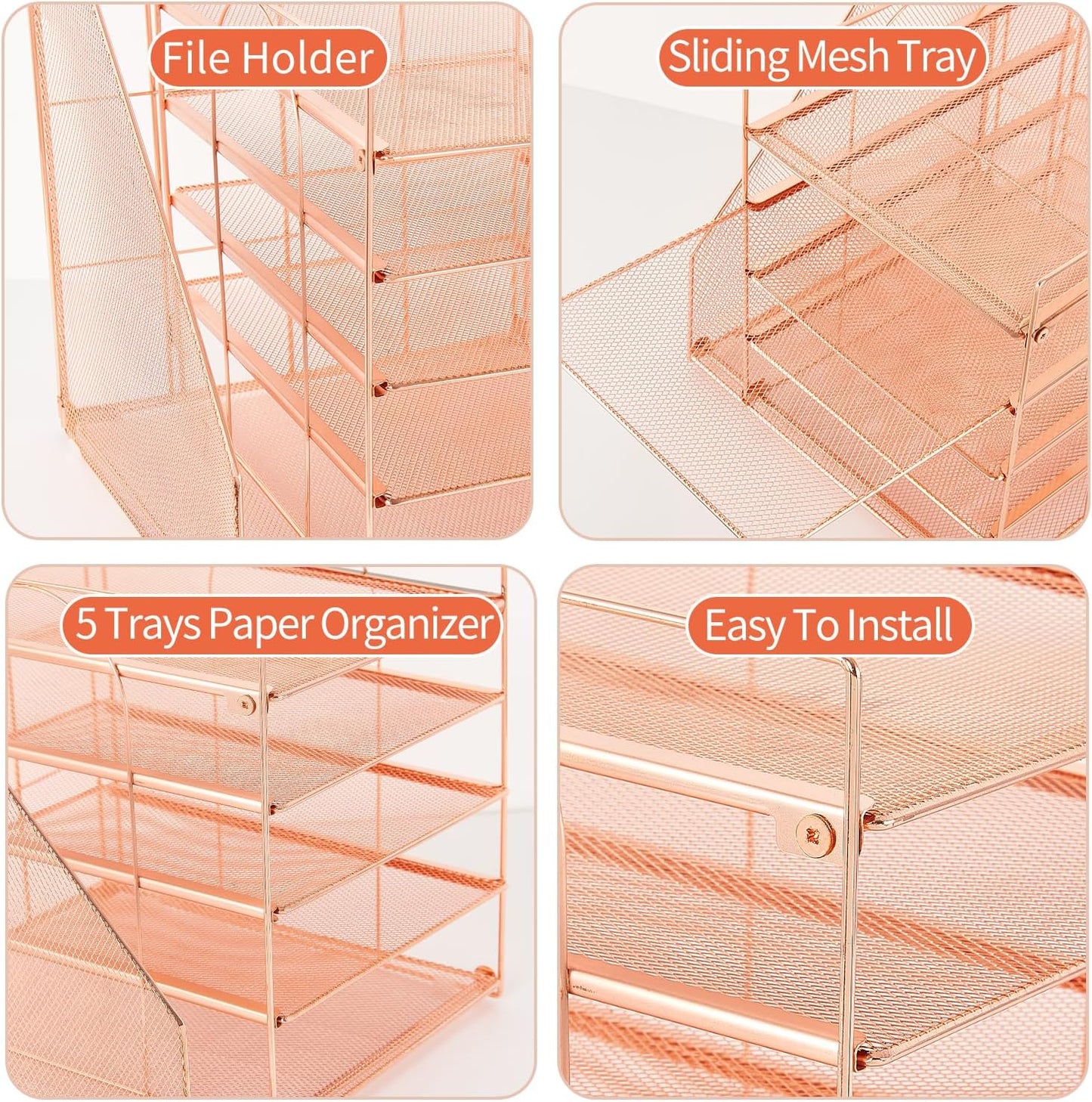 AUPSEN Desk Organizer with File Holder, 5 Trays Paper Letter Tray Organizer, Mesh Desk Organizers and Accessoriesand for Home Office (Rose Gold)
