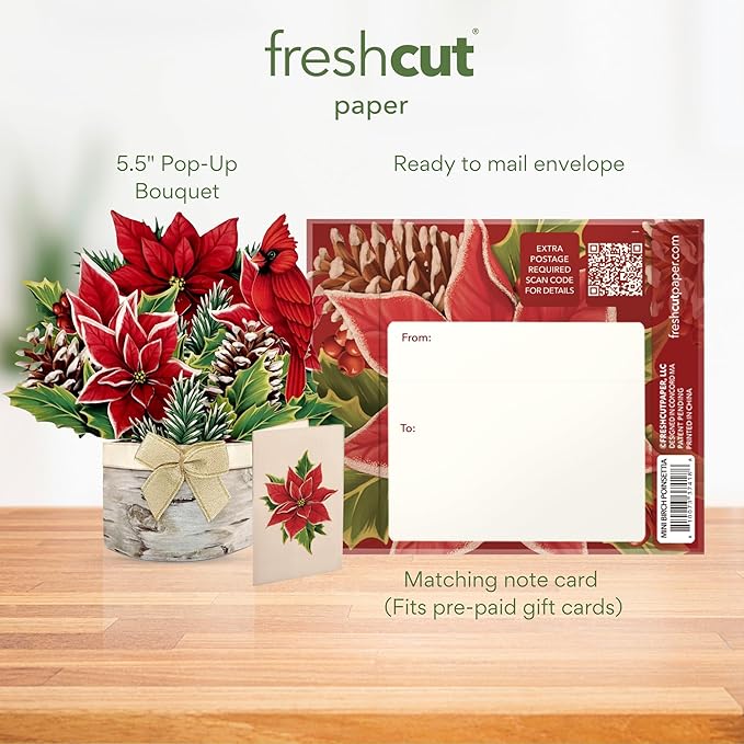 Freshcut Paper Pop Up Cards, Mini Birch Poinsettia, 6 Inch Mini Sized Forever Flower Bouquet 3D Popup Greeting Cards, Christmas Card, Holiday Card, Blank Notecard & Envelope