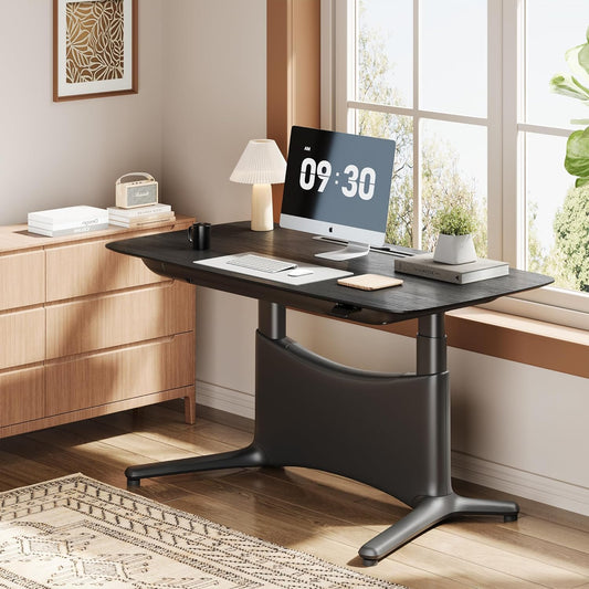 COLAMY Electric Adjustable Standing Desk – 48 x 28 Inch Sit Stand Desk with Drawer & Cable Management, Dual Motor Lift System, Ergonomic Footrest, Home Office Table (Veneer Desktop, Black Oak + Black)