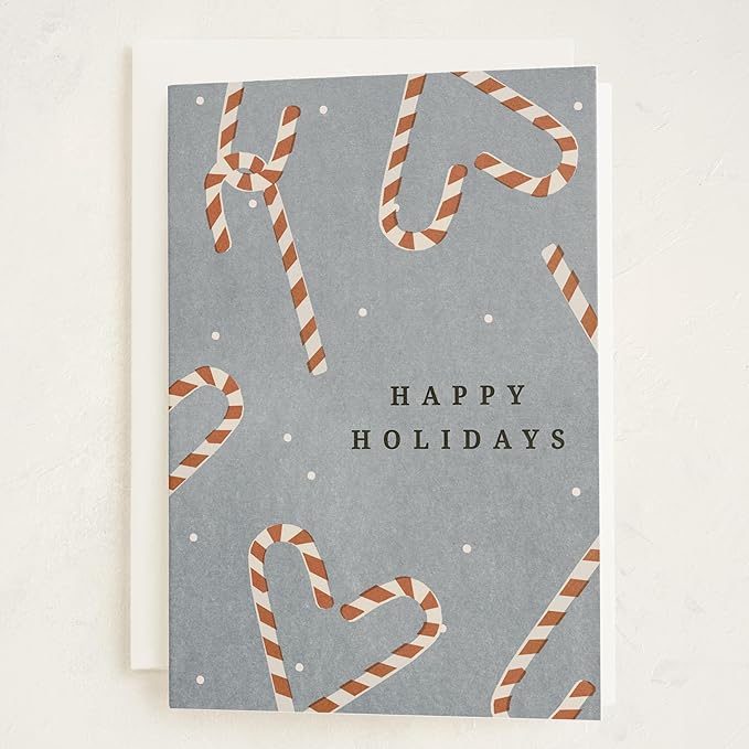 Minted Sweet December Holiday Cards, 8 Cards with Envelope Folded 5x7 Christmas Card with Candy Cane Pattern and Snowy Blue Background, Modern Minimalist Design, Luxurious Paper, Blank Inside