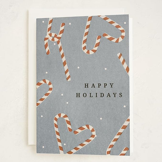 Minted Sweet December Holiday Cards, 8 Cards with Envelope Folded 5x7 Christmas Card with Candy Cane Pattern and Snowy Blue Background, Modern Minimalist Design, Luxurious Paper, Blank Inside
