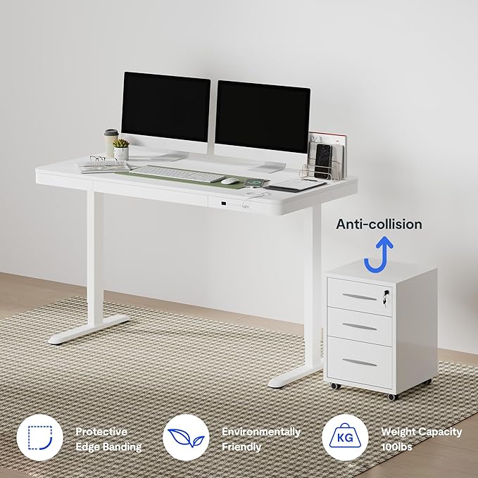 FLEXISPOT 55" White Electric Standing Desk with Drawers, Quick Assembly Home Office Sit Stand Desk with Storage, USB Charging, Computer Desk for Home Office (White Top + Adjustable Frame, Comhar)