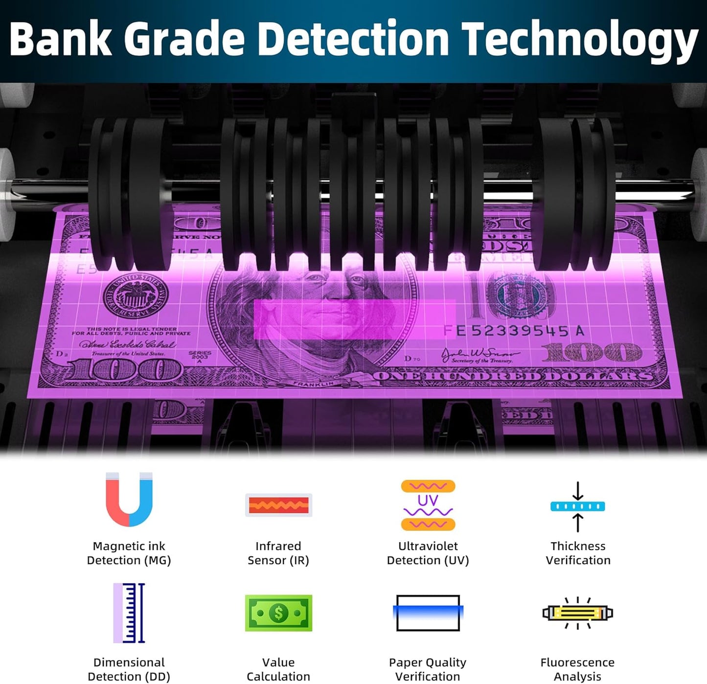 PONNOR Money Counter Machine with Value Bill Count, Cash Counter for Dollar, Euro with UV/MG/IR/DD/DBL/HLF/CHN Counterfeit Detection, Add/Bat/Value Mode Bill Counting Machine with Large LCD Display
