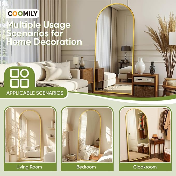 Full-Length Floor Mirror with Stand, 71"x28" Arched Style Full Body Standing Mirror for Bedroom, Living Room, Gym, Dorm - Shatter-Resistant & Easy Assembly, Gold