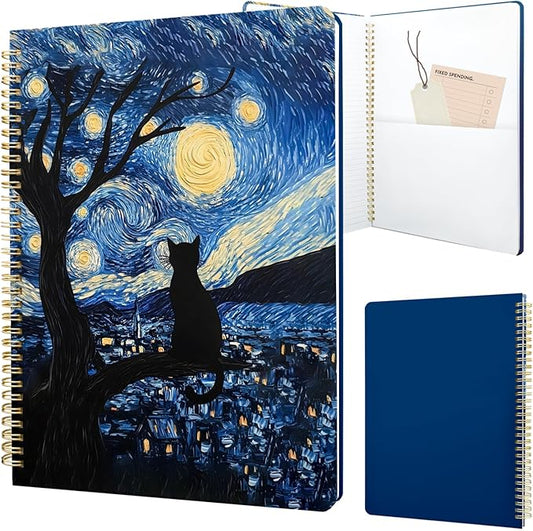 Cute Spiral Notebook journal A4 Aesthetic Pretty Design for Women Girls Kawaii with Pocket, 8.5 x 11 inch, Lined, Cat Galaxy