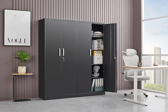 Metal Storage Cabinet with Adjustable Shelves, Garage Cabinet with 2 Lockable Doors, Garage Storage Cabinet, Kitchen Pantry Cabinet - 71'H, Black
