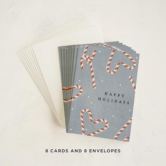Minted Sweet December Holiday Cards, 8 Cards with Envelope Folded 5x7 Christmas Card with Candy Cane Pattern and Snowy Blue Background, Modern Minimalist Design, Luxurious Paper, Blank Inside