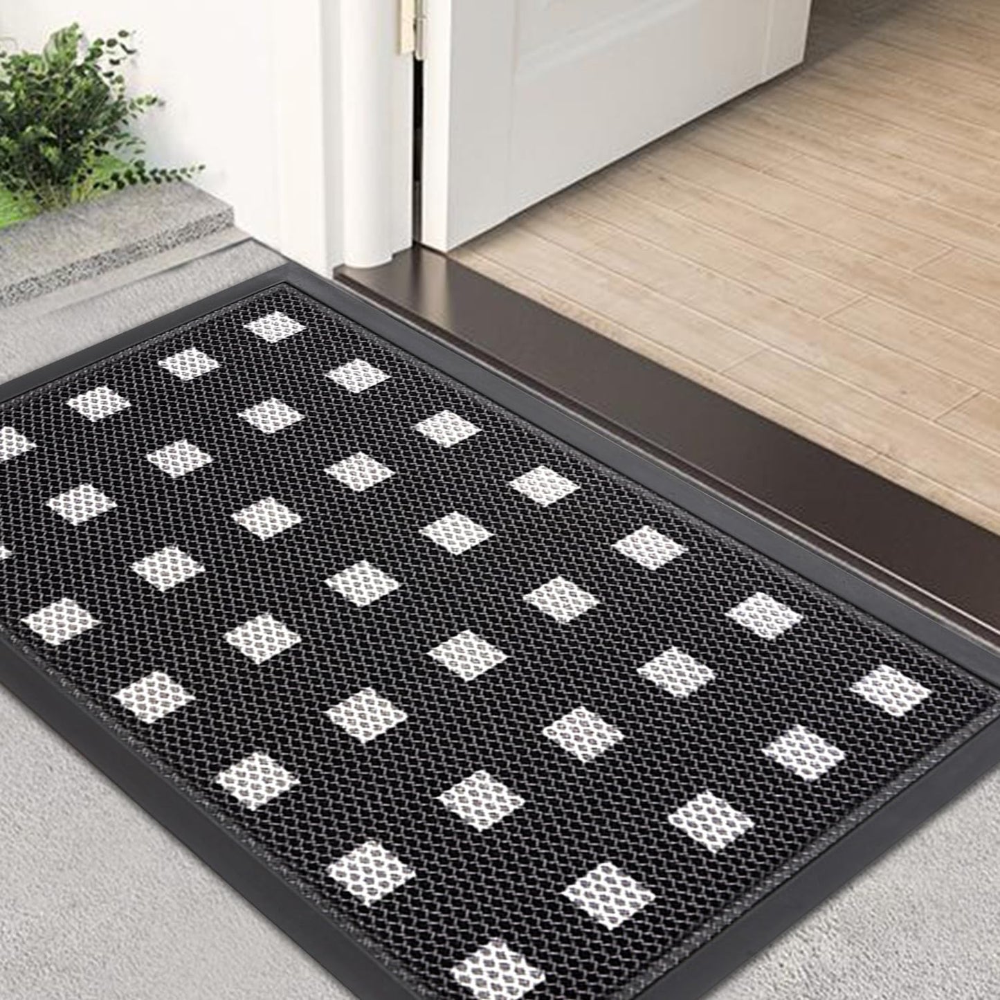 Front Door Mat Indoor/Outside Entrance 35"x24" Waterproof,Rubber Heavy Duty Outdoor Rug for Back Door Dirt Trapping,All Weather Entryway Mat,Black and White