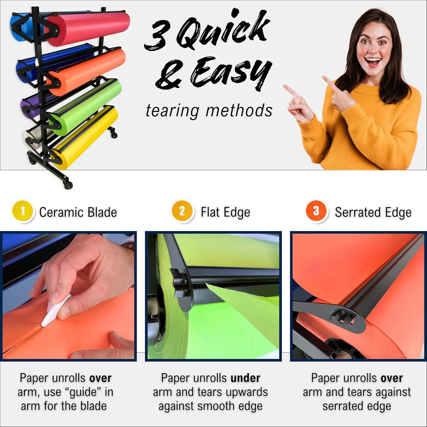 Paper Roll Holder, Dispenser Rack and Cutter - 8 Racks for Large, 36" Butcher, Craft, Gift Wrap & Art Kraft Rolls – Durable, Mobile Rolling Organizer with Ceramic Blade for Classroom, Studio & Retail