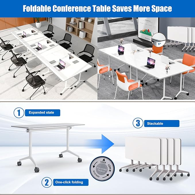 Conference Table, Folding Conference Desk Modern White, Seminar Table with Wheels, 2-10 People for Office, Meeting Break Room (6, 1915, 71IN)