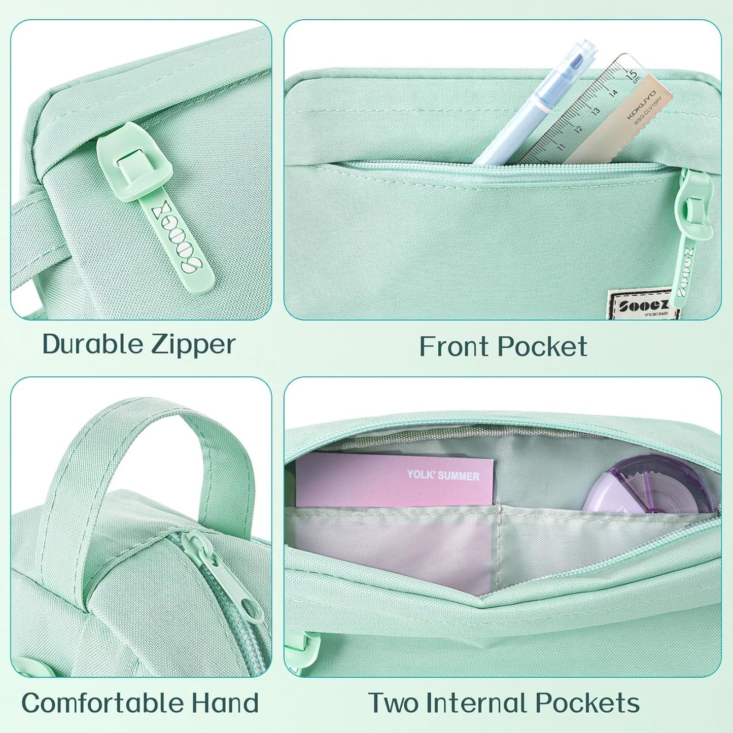 Sooez Original High Capacity Pencil Case, Big Pencil Bag Pouch Box Organizer Pen Case, Portable Journaling Supplies with Easy Grip Handle & Loop, Aesthetic Supply for Girls Adults, Mint Green