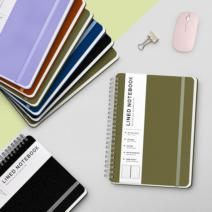 Lined Spiral Journal Notebook, A5 Hardcover Leather Notebook for Work, 5.7''×8.2'', 100GSM Thick Paper Spiral Bound Journaling Notebooks for Women & Men Office School Note Taking Business, Green