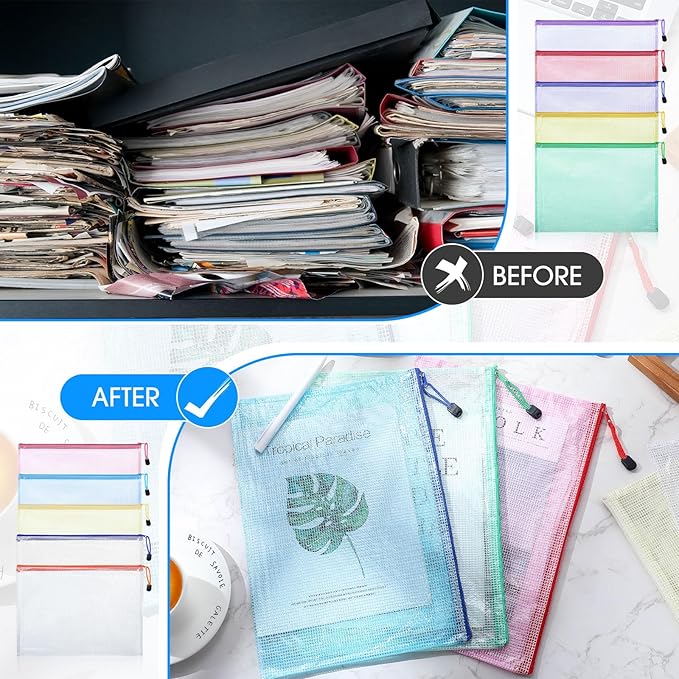 200 Pcs A4 Mesh Zipper Pouch Bulk Waterproof Mesh Zipper Organizer Plastic File Folder Case for School Office Supplies Document Board Games Puzzle(Colorful)