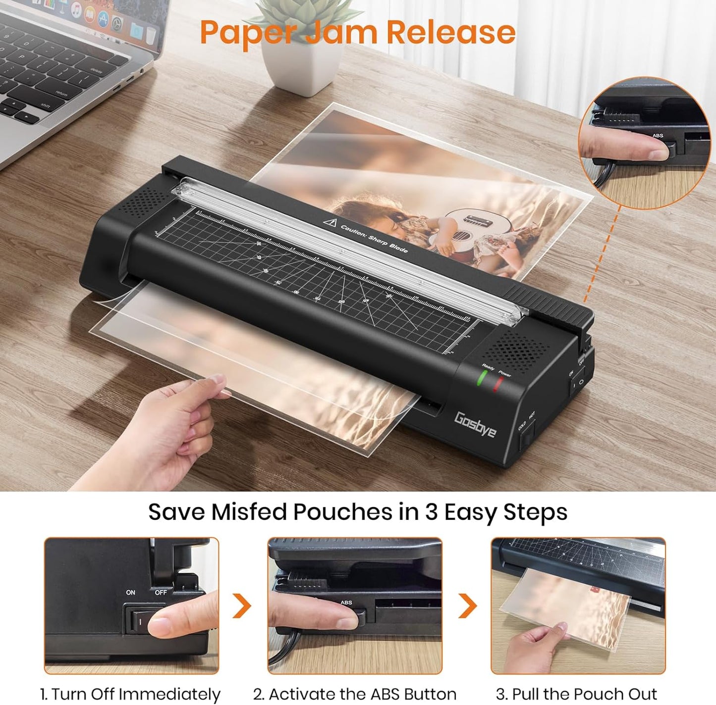 Laminator Machine, 13-Inch Thermal Laminator with Steel Paper Cutter, 13 Laminating Pouches, Corner Rounder, Jam Release Button for Home, Office, School, Teachers, Personal Use, Black