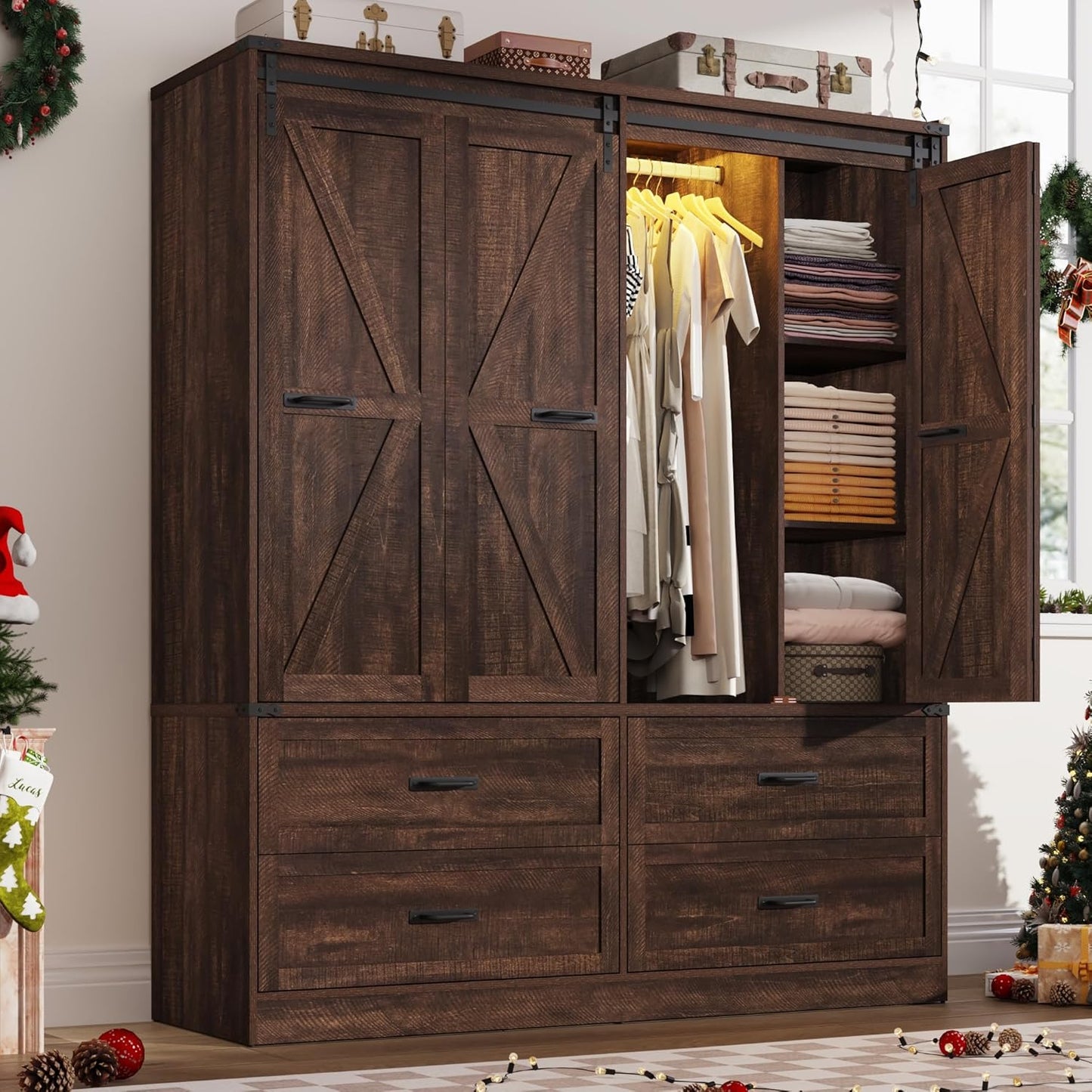 Farmhouse 4 Doors Armoire Wardrobe Closet w/Folding Sliding Barn Door and Lights, LED Armoire Closet w/Drawers for Bedroom, Freestanding Wooden Wardrobe Storage Closets w/Hanging Rod,Rustic Brown