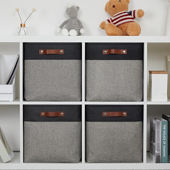 DULLEMELO Storage Bins for Organizing,Closet Storage Baskets for Gift Empty,Large Linen Canvas Storage Bins with Handles for Home Office Toys Shelves(Black&Grey, 13 inch Cube)