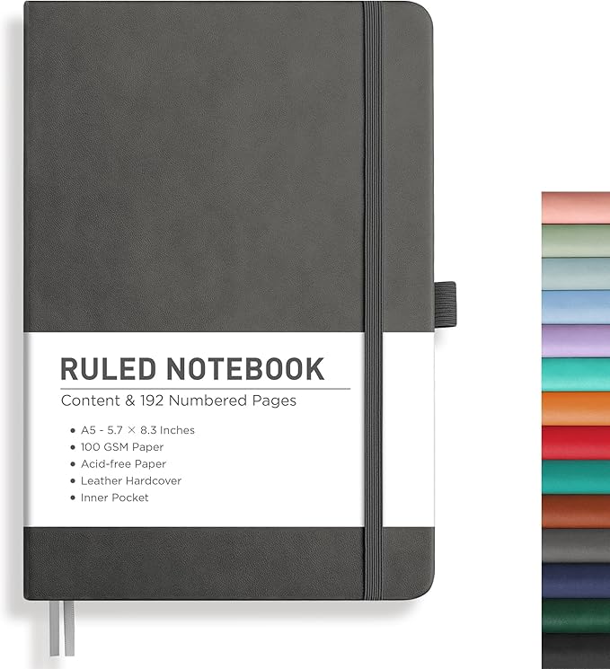 RETTACY Lined Journal Notebook, 192 Numbered Pages, A5 Medium Size (5.7'' x 8.3''), for Men & Women, Journaling, Writing, Work & Office, Leather Hardcover, 100 GSM Thick Paper (Gray)