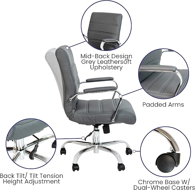 Flash Furniture Whitney Mid-Back Swivel LeatherSoft Desk Chair with Padded Seat and Armrests, Adjustable Height Padded Office Chair, Gray/Chrome