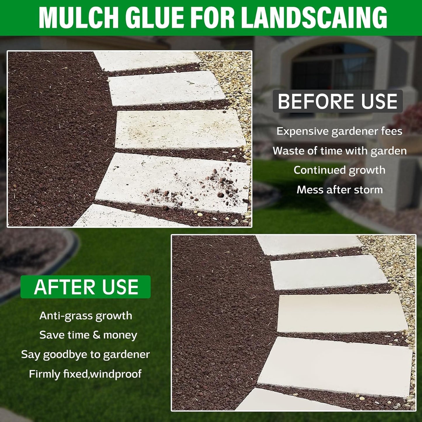 Mulch Glue - 1 Gallon / 128oz Mulch Adhesive Gravel Binder with Applicator for Landscaping, Garden - Non Toxic Ready to Use Landscape Lock Glue Mulches Stabilizer for Pea Gravel, Rock, Stones, Bark