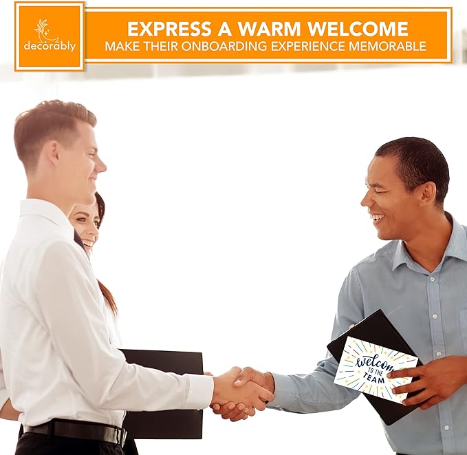 Decorably 24 Pack 6x4in Welcome To The Team Cards with Envelopes and Stickers, 6 Festive Designs Welcome Cards for New Employees, Blank Inside