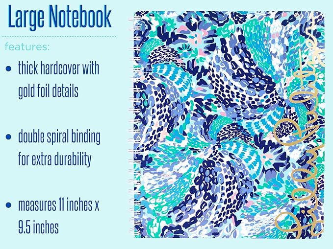 Lilly Pulitzer Blue Large Hardcover Spiral Notebook, 11" x 9.5" with 160 College Ruled Pages, Wave After Wave