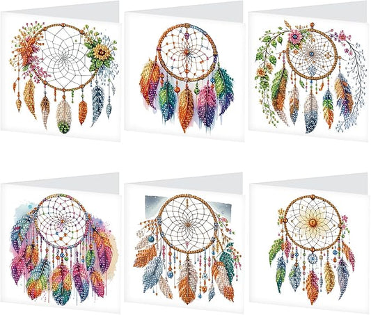 Tontut 6pcs Diamond Art Painting Kit Greeting Card, Feather Dreamcatcher 5D DIY Diamond Handmade Holiday Glitter Greeting Card with Envelope, Holiday Gift Congratulation