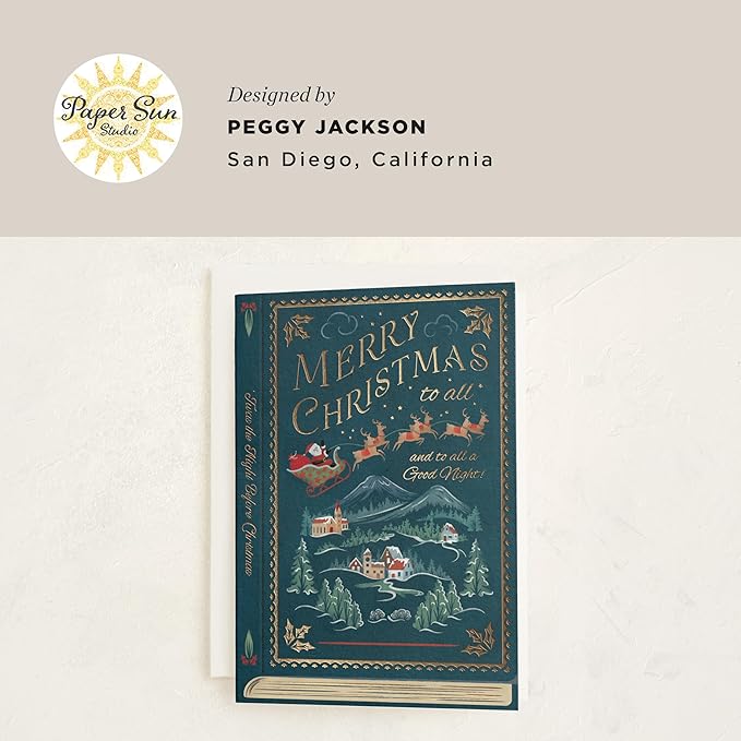 Minted The Night Before Christmas Cards, 8 Cards with Envelopes, Folded 5x7 Holiday Card with Vintage Santa Sleigh, Reindeer & Village Design, Gold Foil Pressed, Luxurious Paper, Interior Message